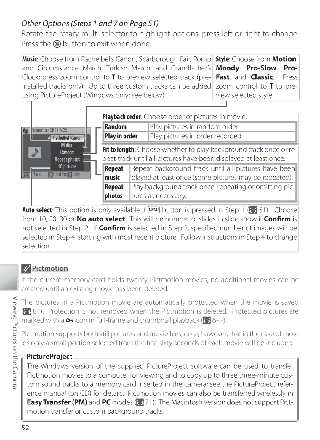 Nikon S6 manual Other Options Steps 1 and 7 on, Pictmotion, PictureProject 