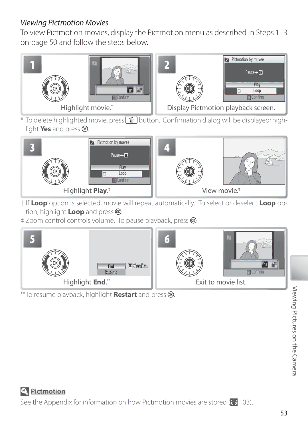 Nikon S6 manual Viewing Pictmotion Movies, Highlight movie 