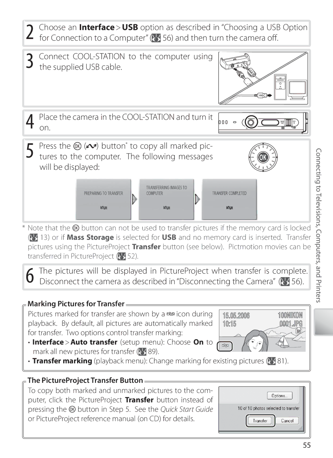 Nikon S6 manual Marking Pictures for Transfer, PictureProject Transfer Button 