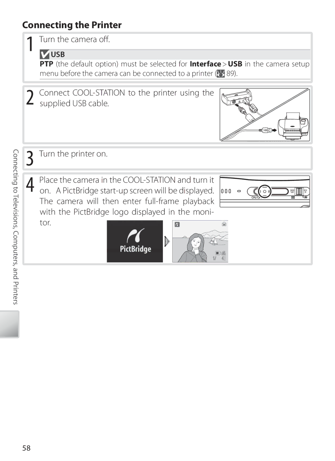 Nikon S6 manual Connecting the Printer, Tor 