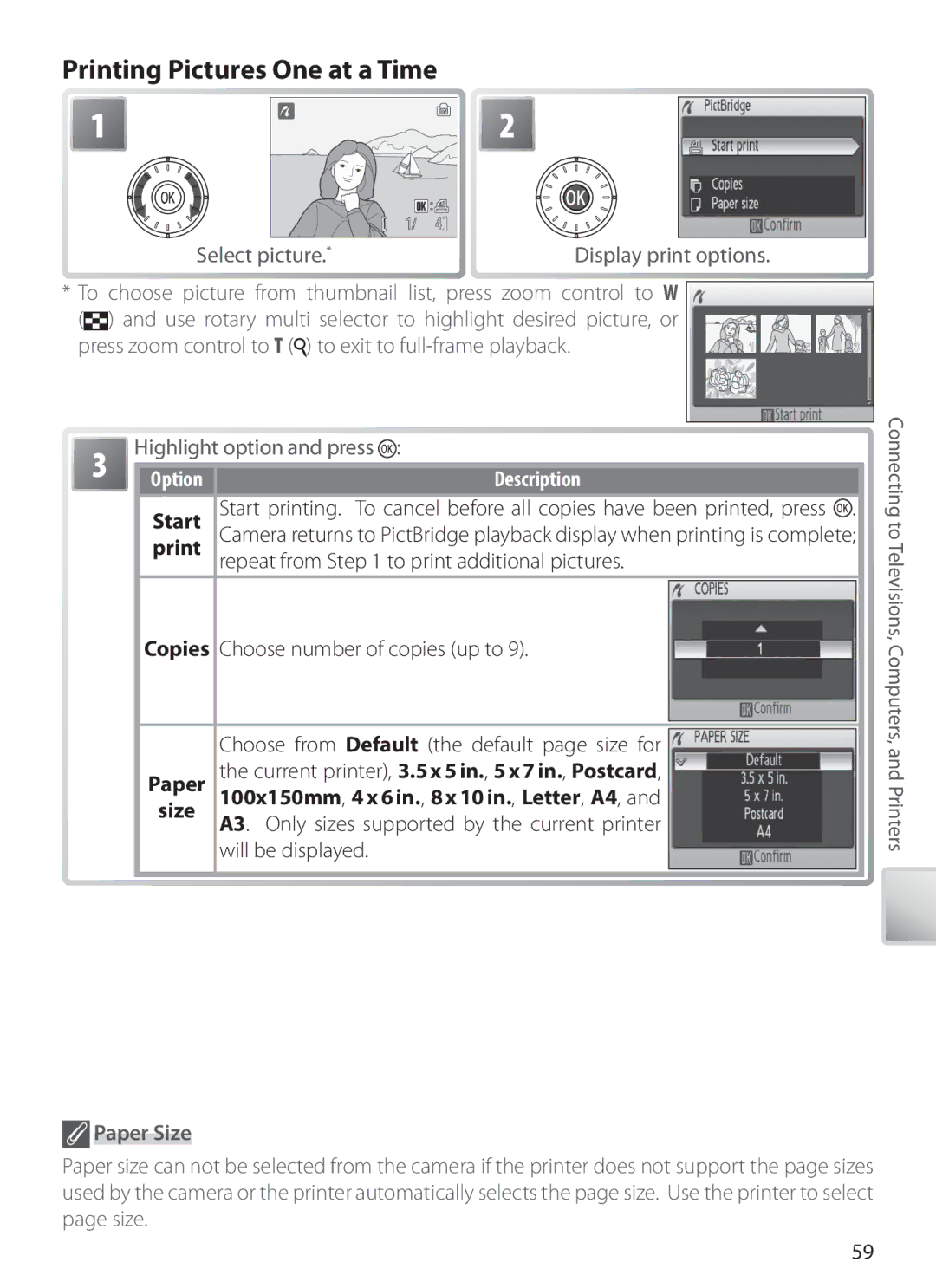 Nikon S6 manual Printing Pictures One at a Time, Highlight option and press, Paper Size 