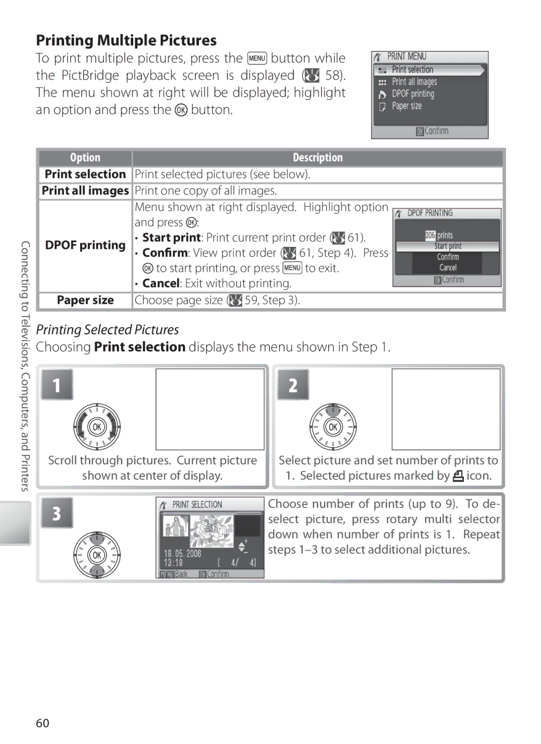 Nikon S6 Printing Multiple Pictures, Printing Selected Pictures, Choosing Print selection displays the menu shown in Step 