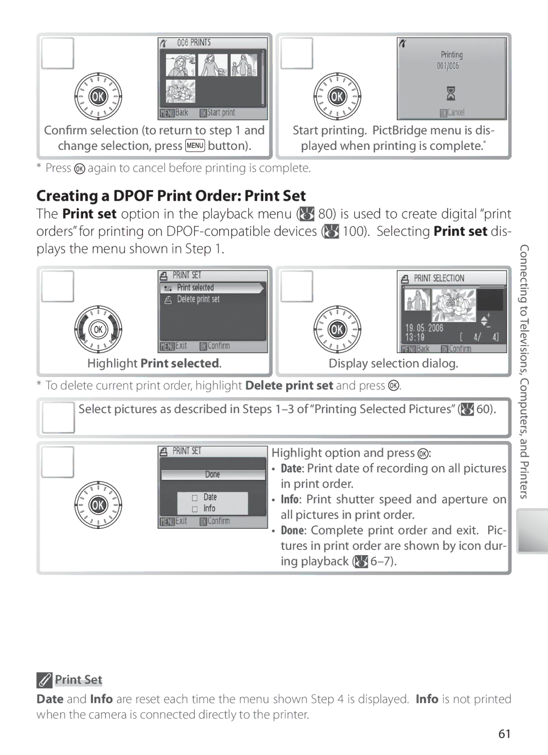 Nikon S6 manual Creating a Dpof Print Order Print Set, Highlight Print selected 