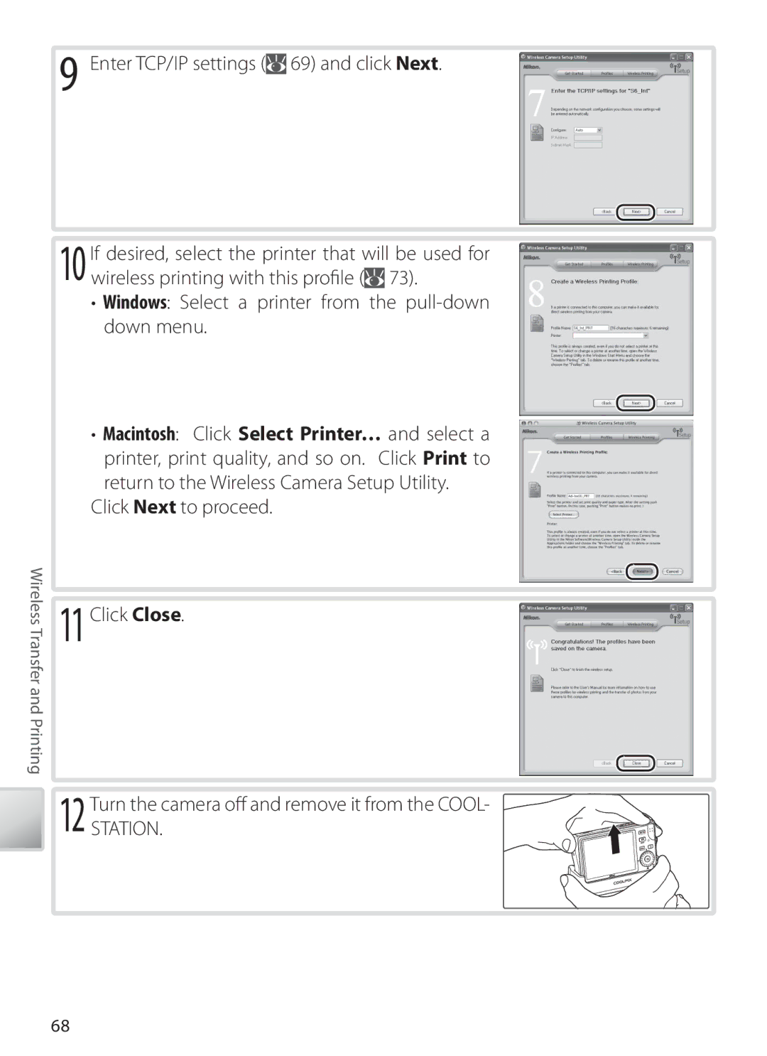 Nikon S6 manual Enter TCP/IP settings 69 and click Next, Windows Select a printer from the pull-down down menu 