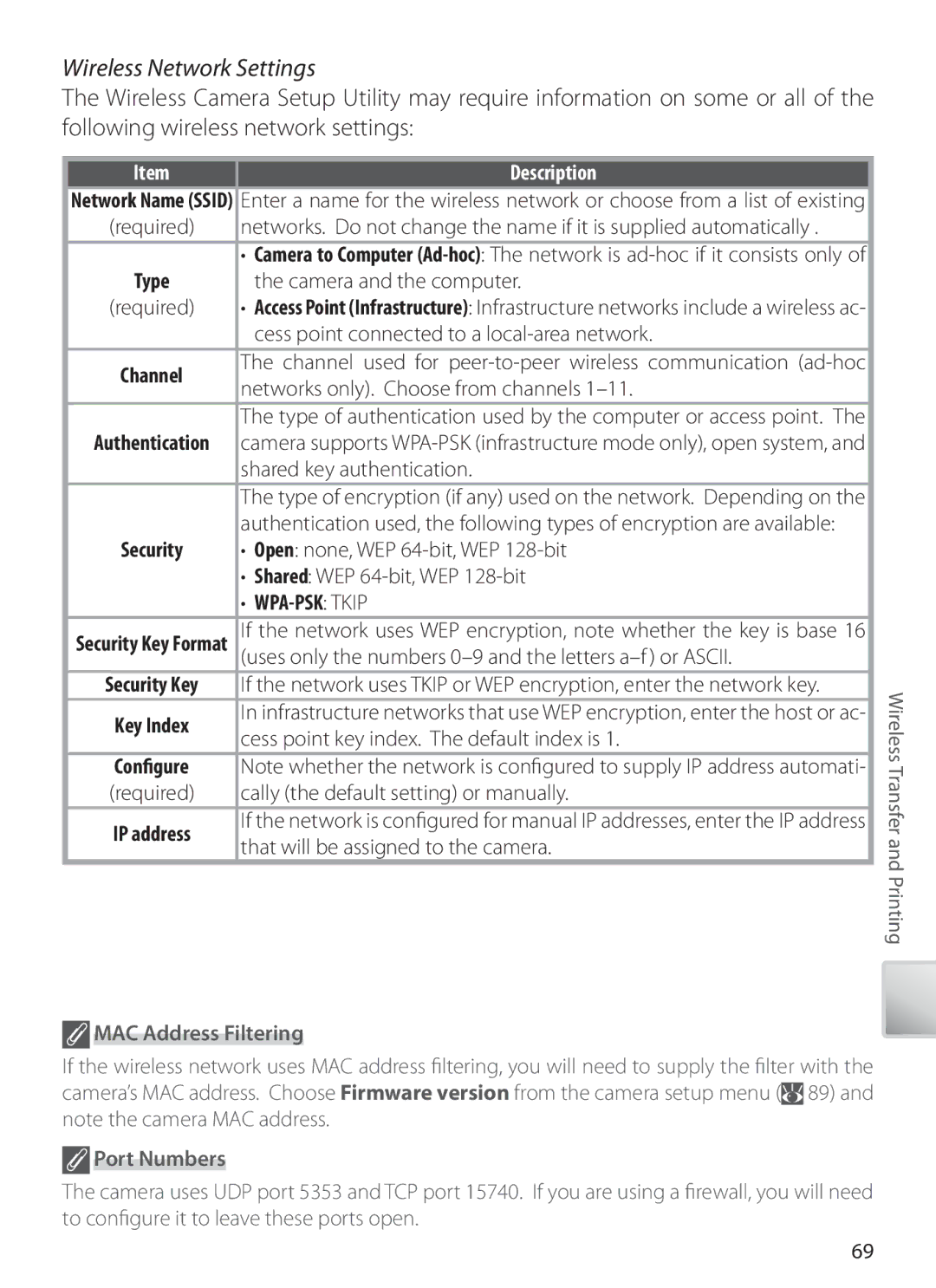 Nikon S6 manual Wireless Network Settings, MAC Address Filtering, Port Numbers 