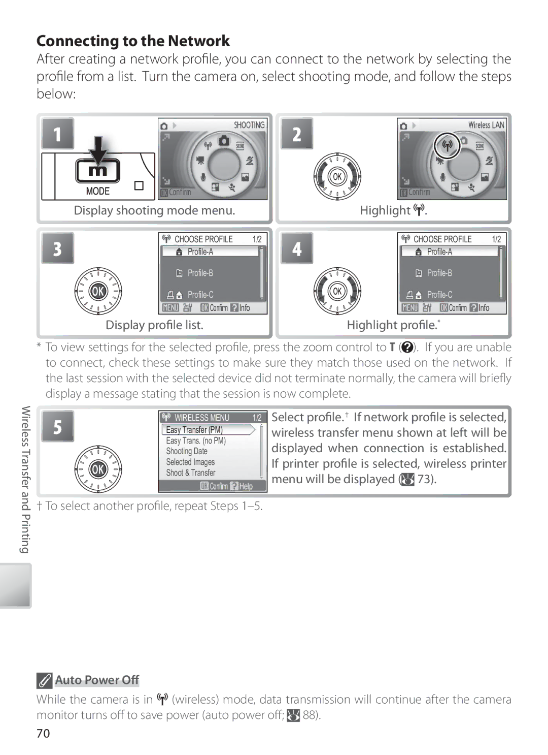 Nikon S6 manual Connecting to the Network, Display shooting mode menu, Display proﬁle list Highlight, Highlight proﬁle 