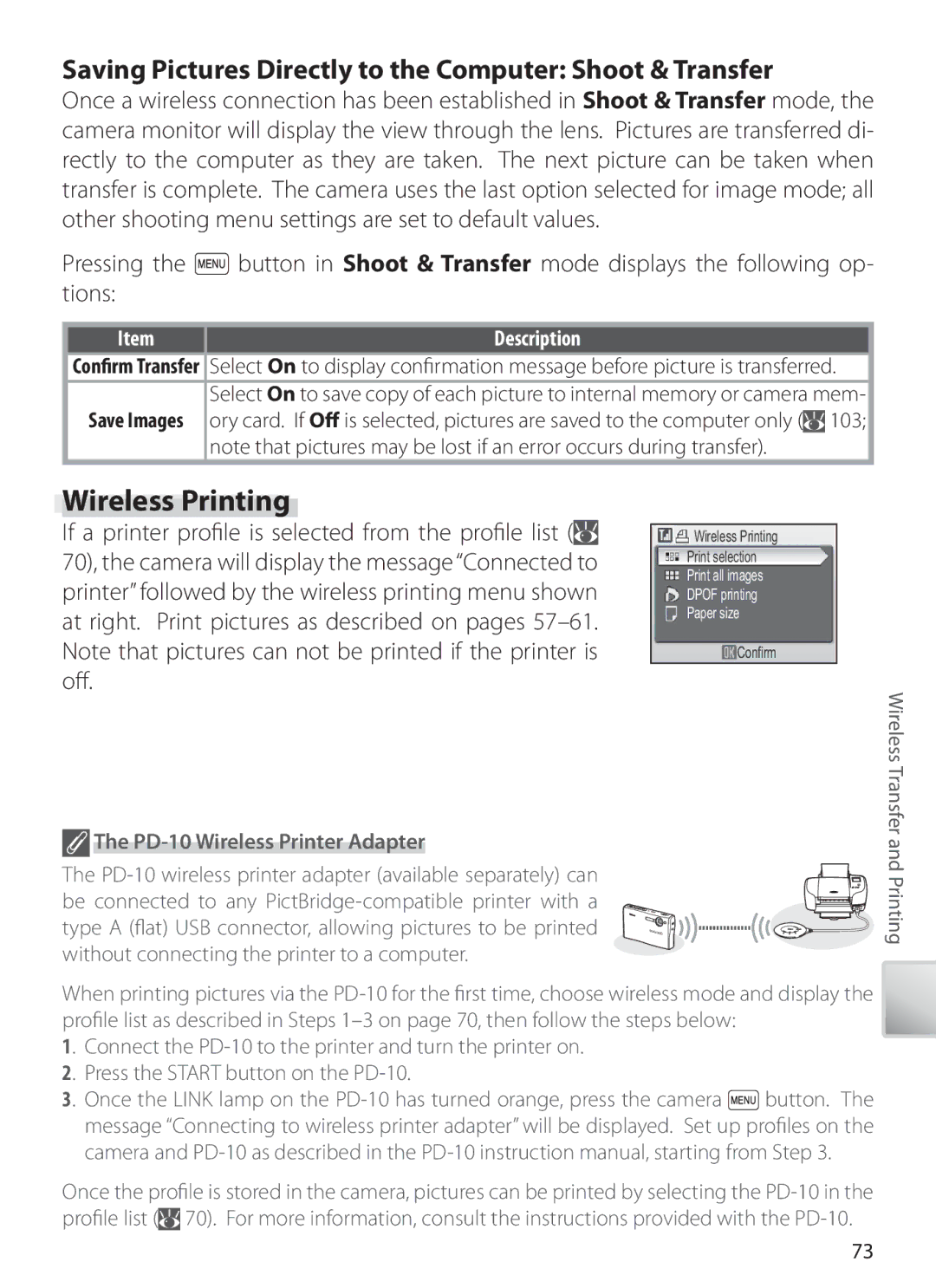 Nikon S6 manual Wireless Printing, Saving Pictures Directly to the Computer Shoot & Transfer, Pressing, Tions 