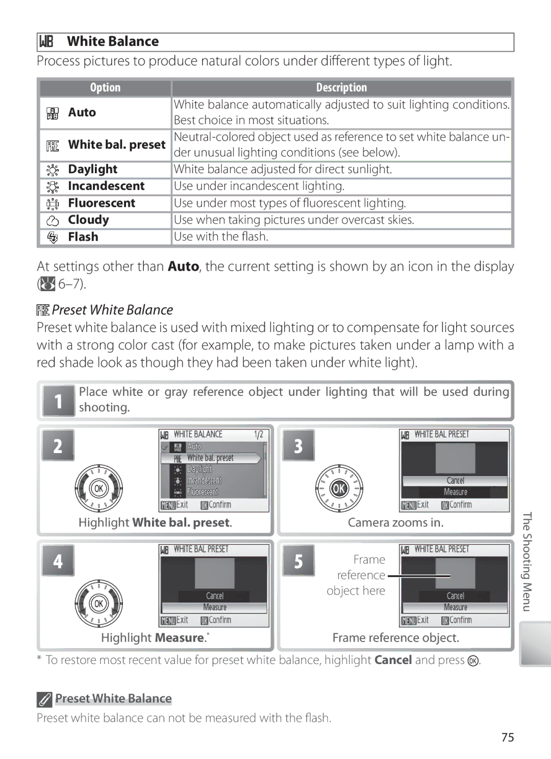 Nikon S6 manual Preset White Balance, Highlight White bal. preset 