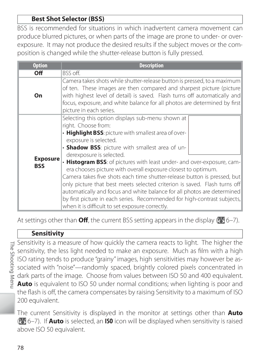 Nikon S6 manual Best Shot Selector BSS, Sensitivity 