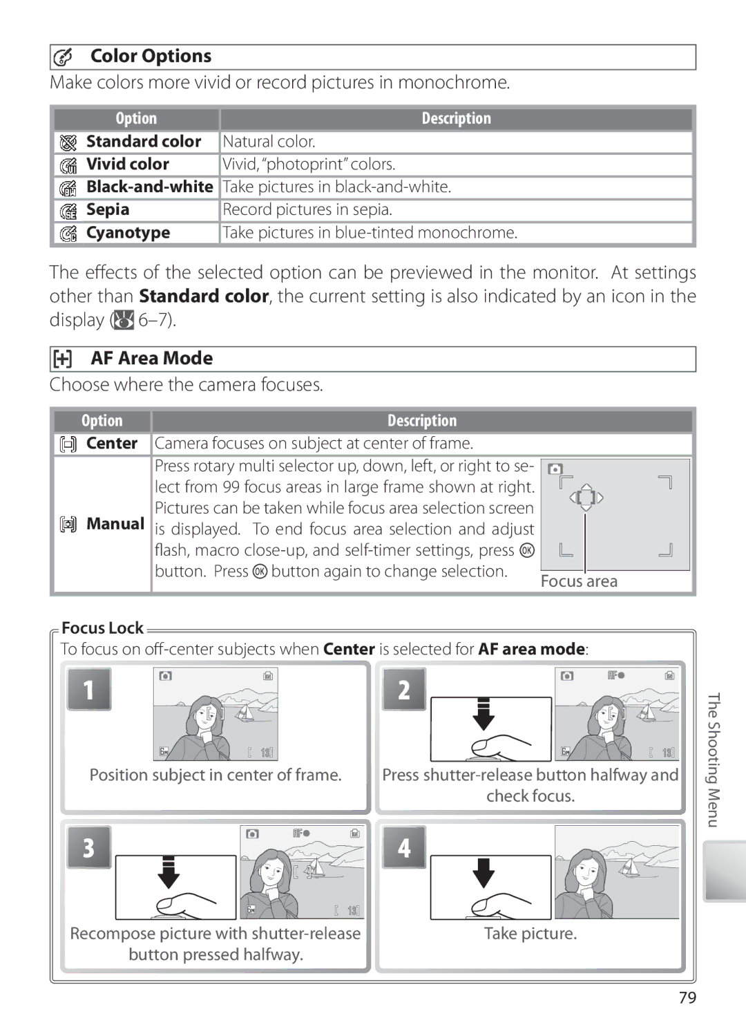 Nikon S6 manual Color Options, Make colors more vivid or record pictures in monochrome, AF Area Mode 