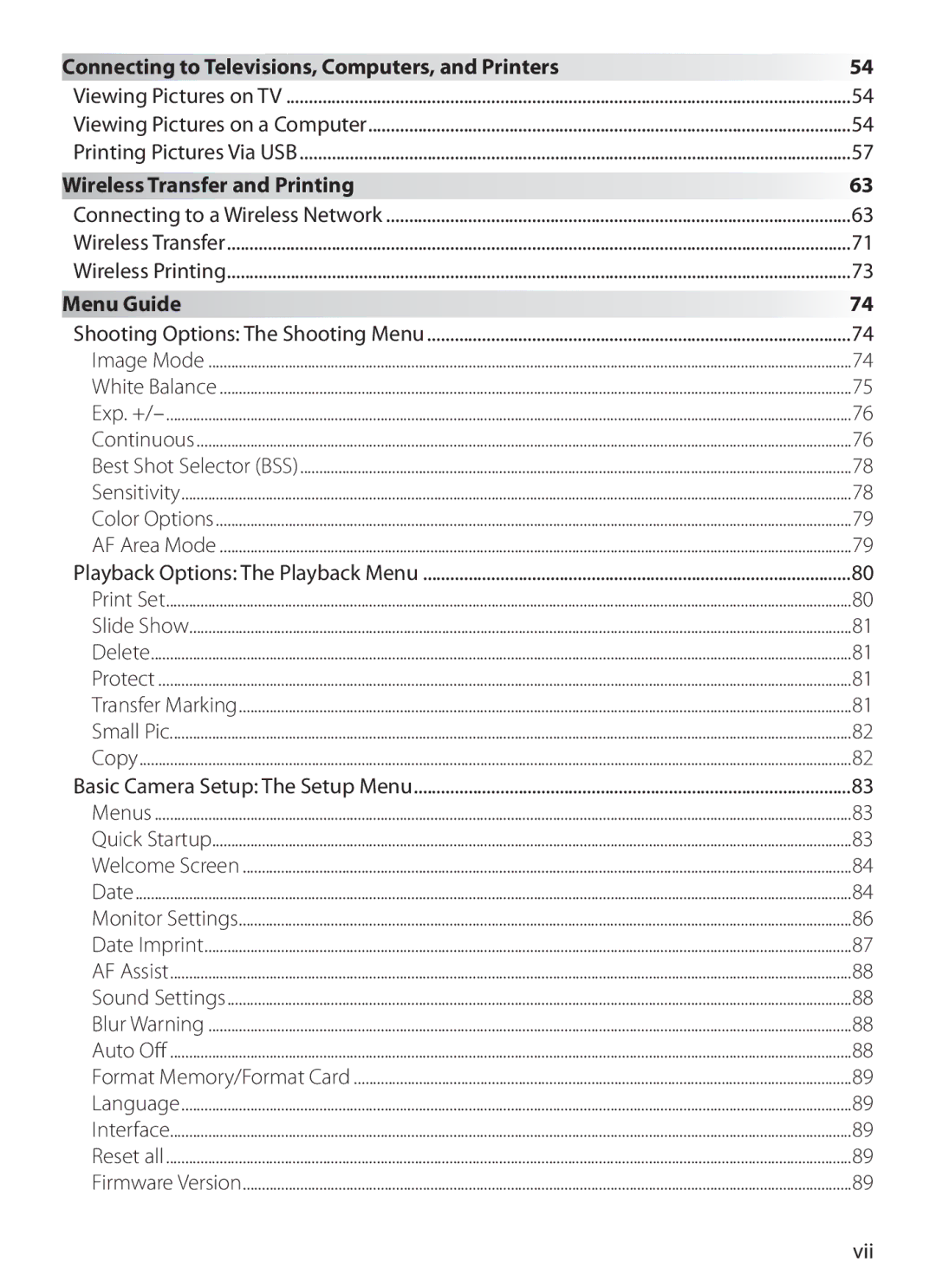 Nikon S6 manual Connecting to Televisions, Computers, and Printers, Wireless Transfer and Printing, Menu Guide, Vii 