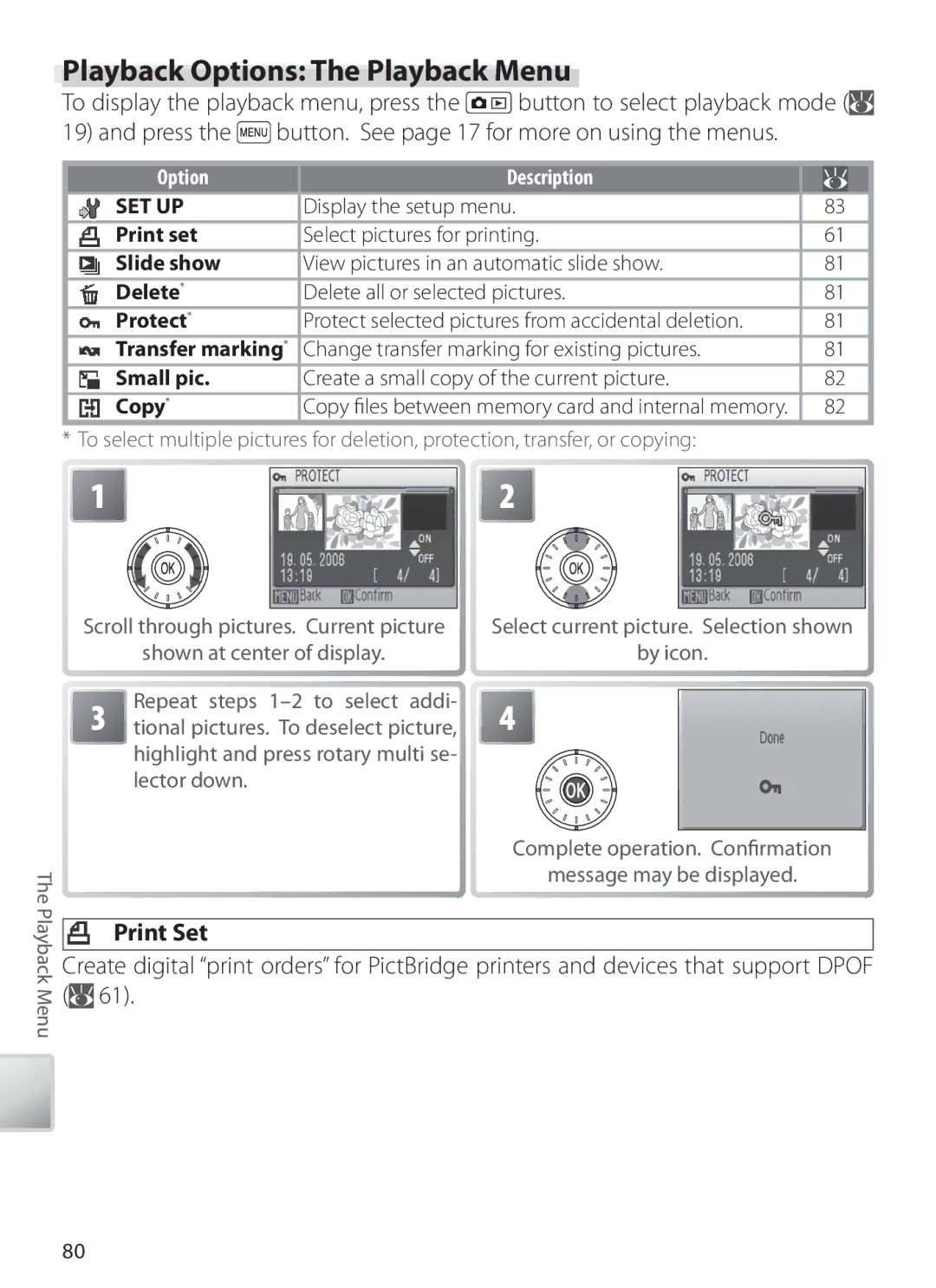 Nikon S6 manual Playback Options The Playback Menu, Print Set, Print set 