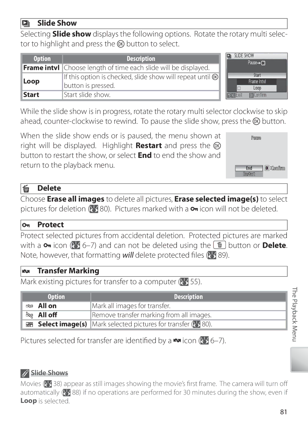 Nikon S6 manual Slide Show, Delete, Protect, Transfer Marking 