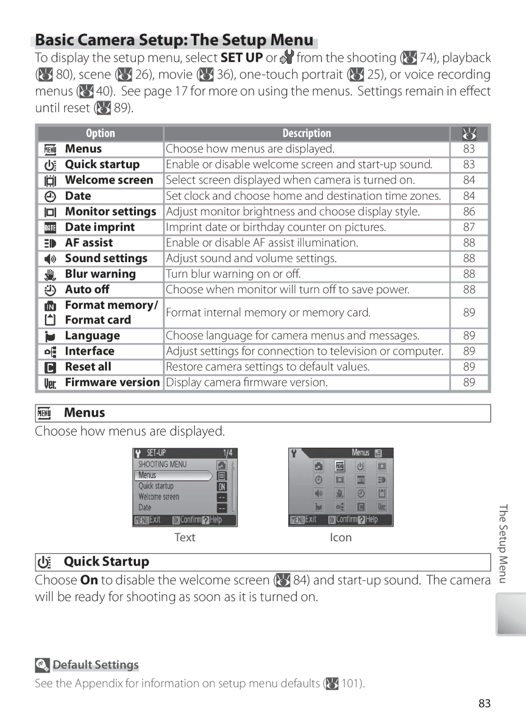 Nikon S6 manual Basic Camera Setup The Setup Menu, Menus, Choose how menus are displayed, Quick Startup, Default Settings 