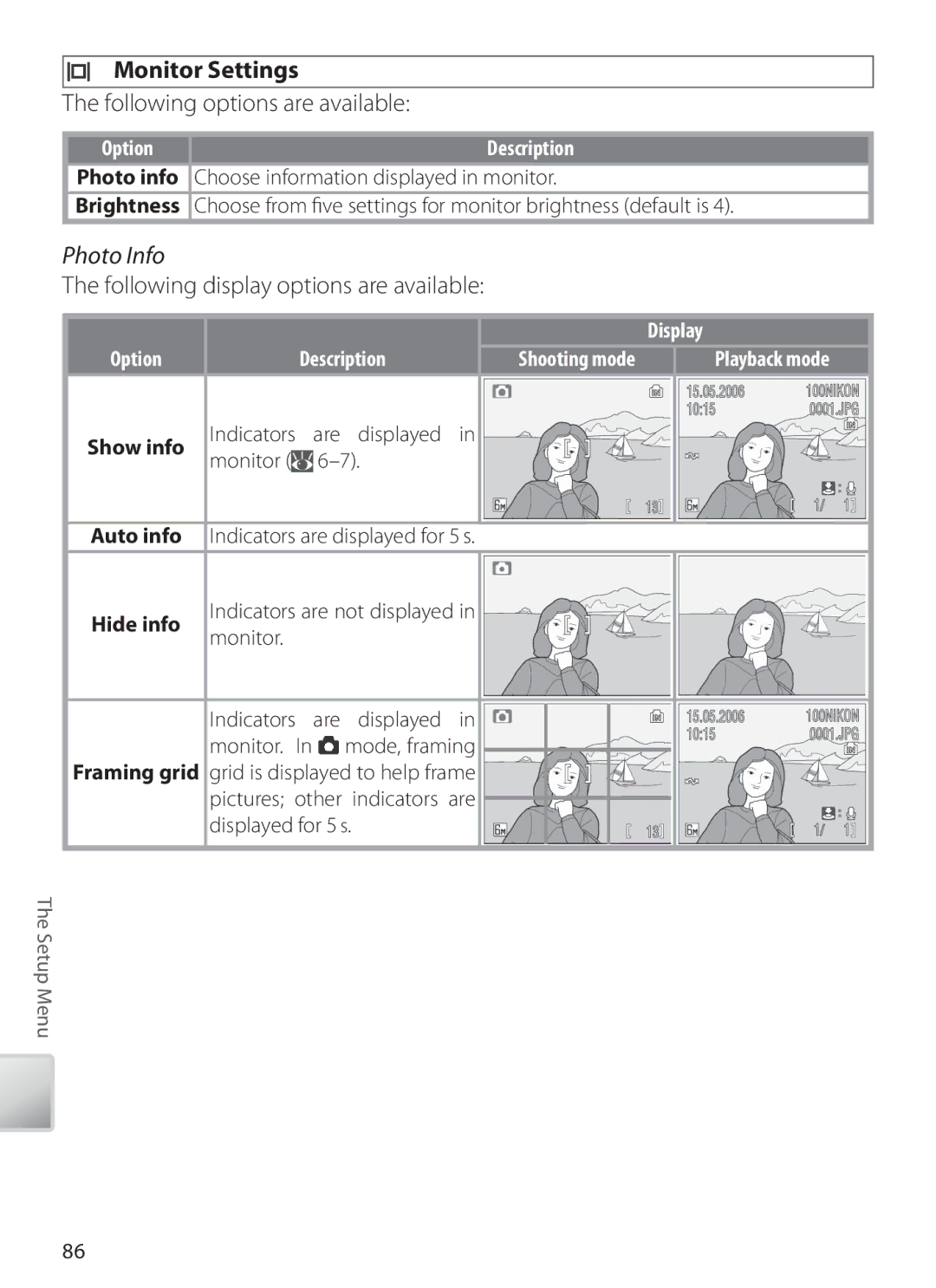 Nikon S6 manual Monitor Settings, Photo Info, Following display options are available, Display 