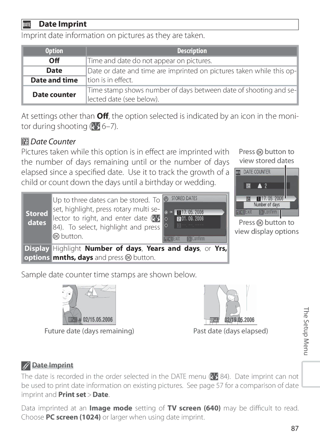 Nikon S6 manual Date Imprint, Imprint date information on pictures as they are taken, Date Counter 