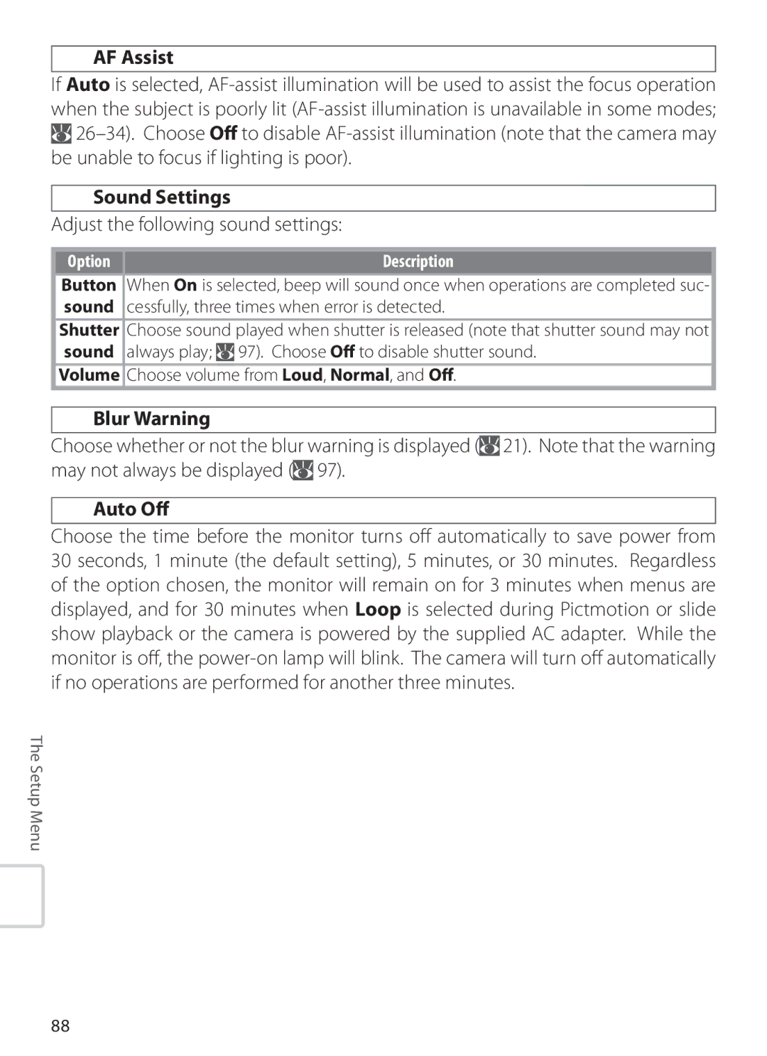 Nikon S6 manual AF Assist, Sound Settings, Adjust the following sound settings, Blur Warning, Auto Oﬀ 