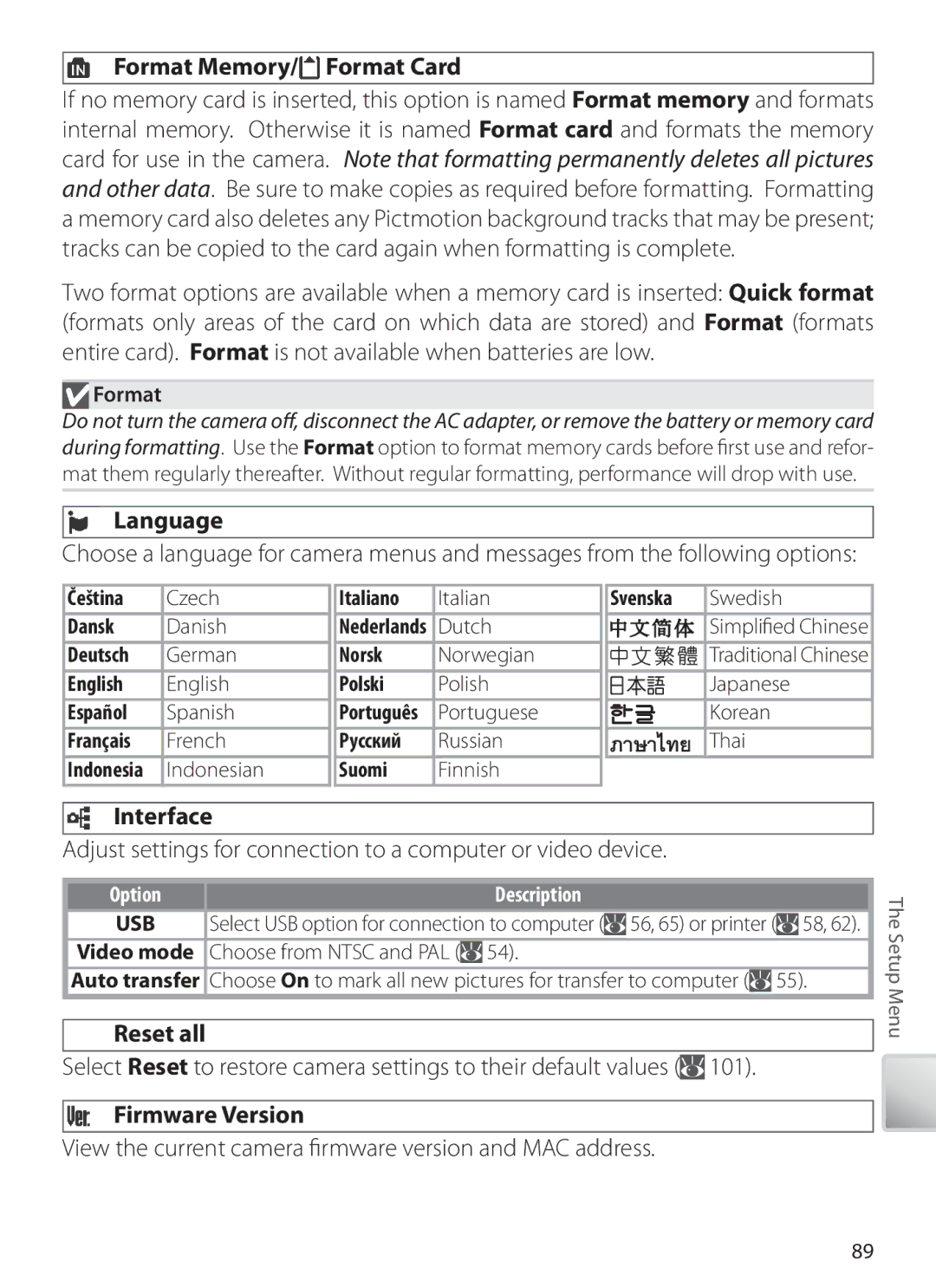 Nikon S6 manual Format Memory/ Format Card, Language, Interface, Reset all, Firmware Version 