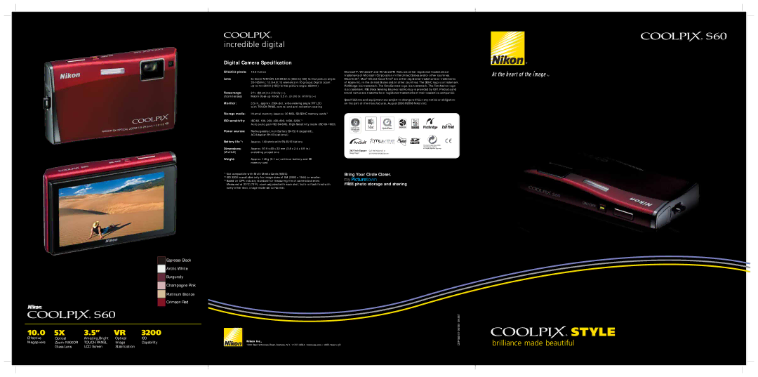 Nikon S60 dimensions Effective pixels, Lens, Focus range, Monitor, Storage media, ISO sensitivity, Power sources, Weight 