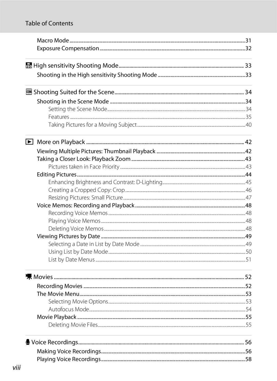 Nikon S600 user manual Viii, Table of Contents 