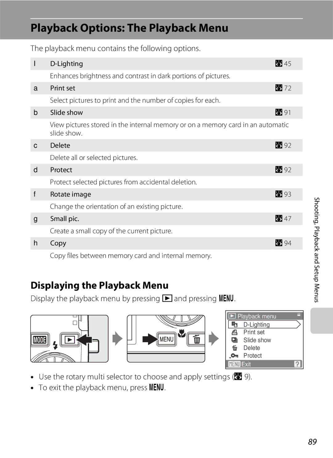 Nikon S600 Playback Options The Playback Menu, Displaying the Playback Menu, Playback menu contains the following options 