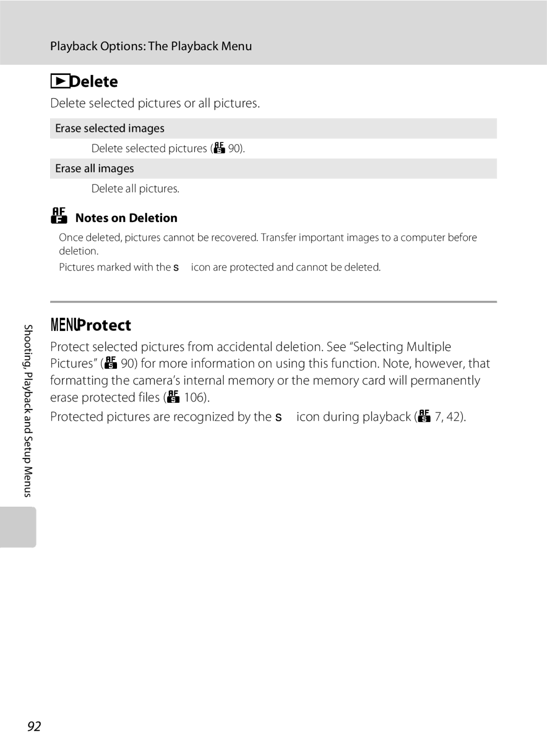 Nikon S600 user manual Protect, Delete selected pictures or all pictures 