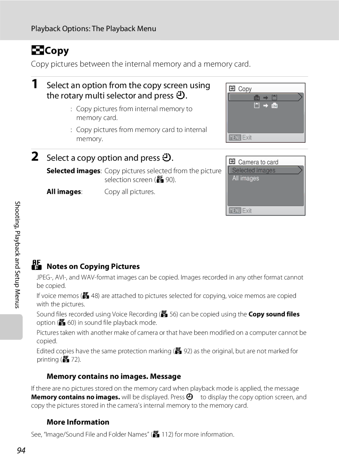 Nikon S600 user manual Copy, Select an option from the copy screen using, Rotary multi selector and press k 