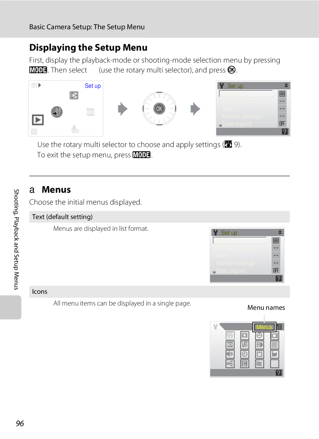 Nikon S600 Displaying the Setup Menu, Menus, Basic Camera Setup The Setup Menu, Choose the initial menus displayed 