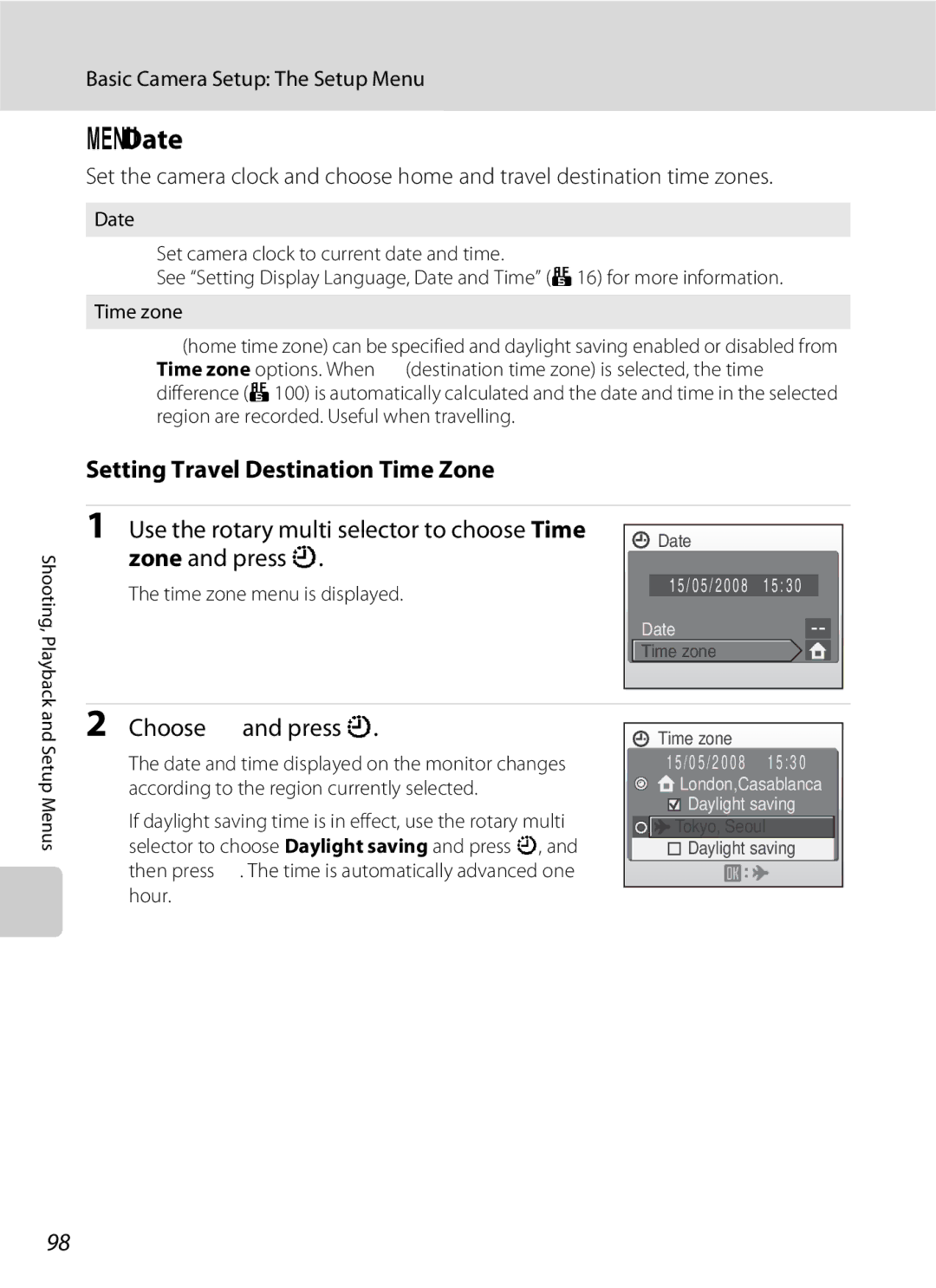 Nikon S600 user manual Date, Setting Travel Destination Time Zone, Choose x and press k, Time zone menu is displayed 