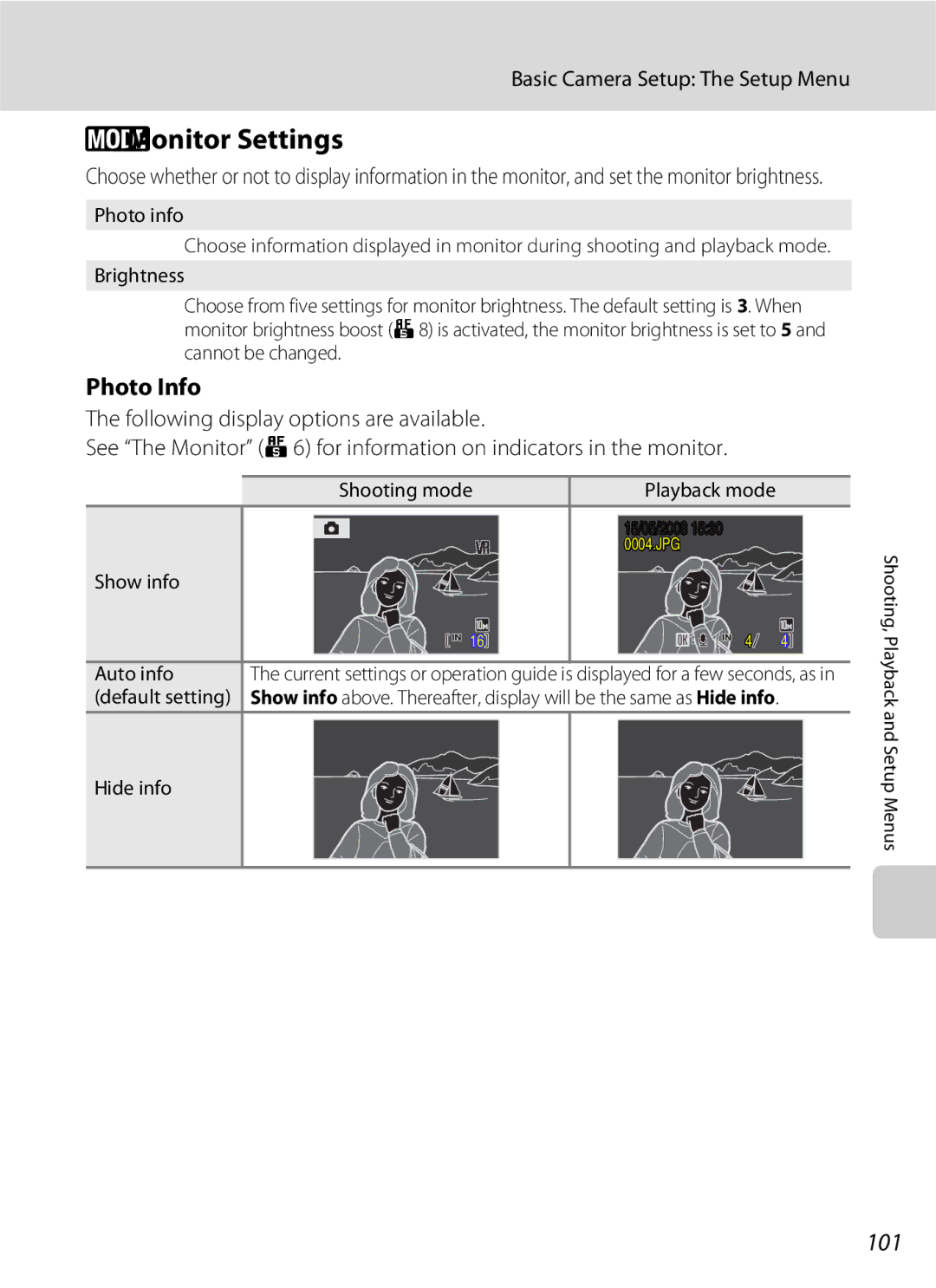 Nikon S600 user manual EMonitor Settings, Photo Info, 101, Auto info, Hide info 