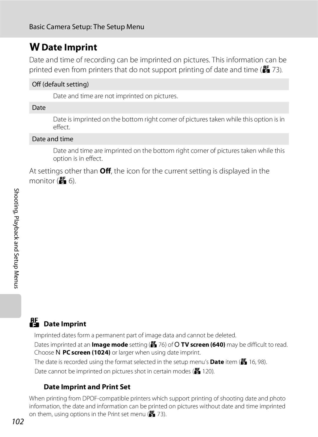 Nikon S600 user manual 102, Date Imprint and Print Set 