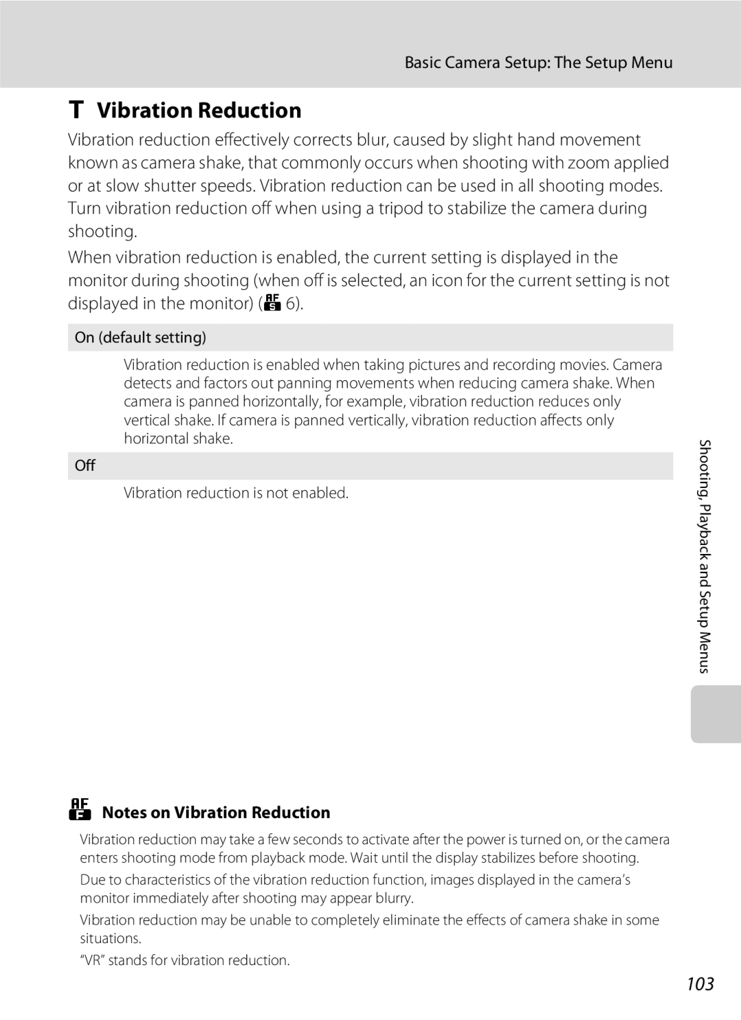 Nikon S600 user manual Vibration Reduction, 103 