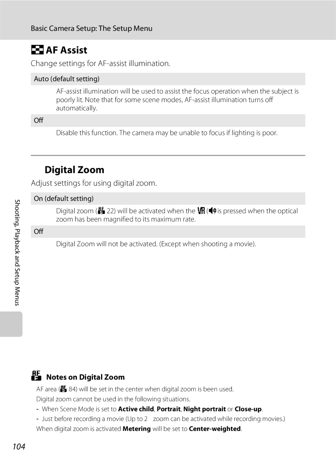 Nikon S600 user manual HAF Assist, UDigital Zoom, 104, Change settings for AF-assist illumination 