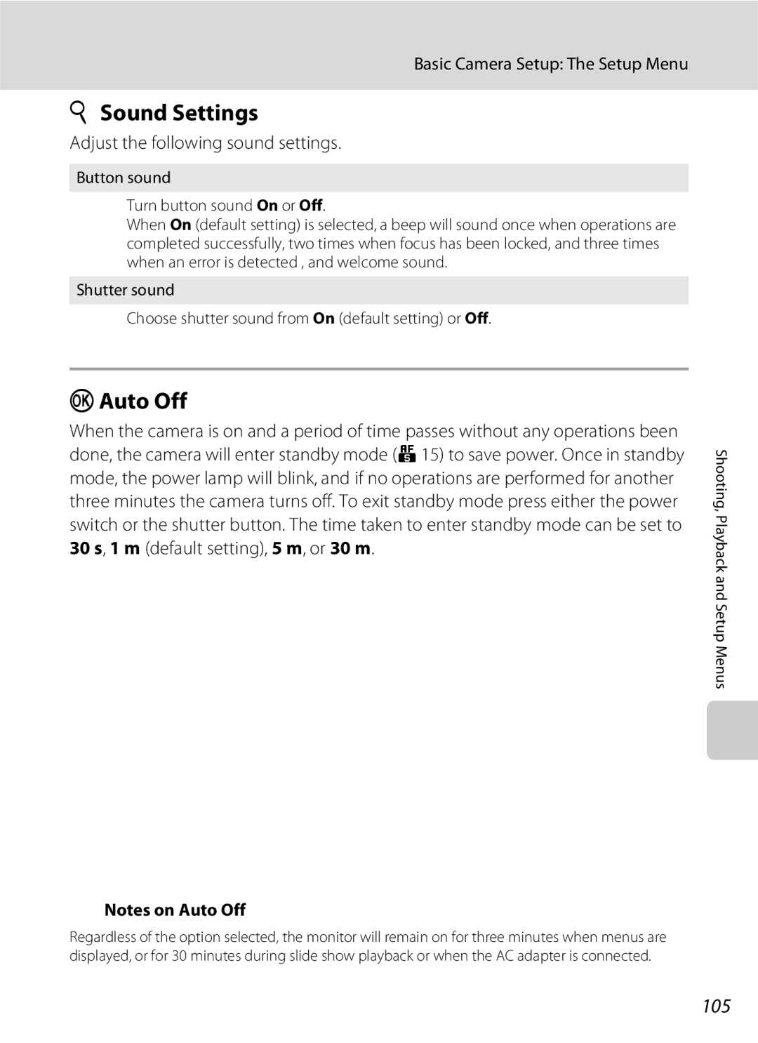 Nikon S600 ISound Settings, Auto Off, 105, Adjust the following sound settings, 30 s, 1 m default setting, 5 m, or 30 m 