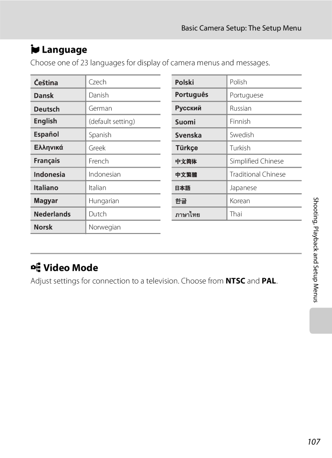 Nikon S600 user manual Language, Video Mode, 107 