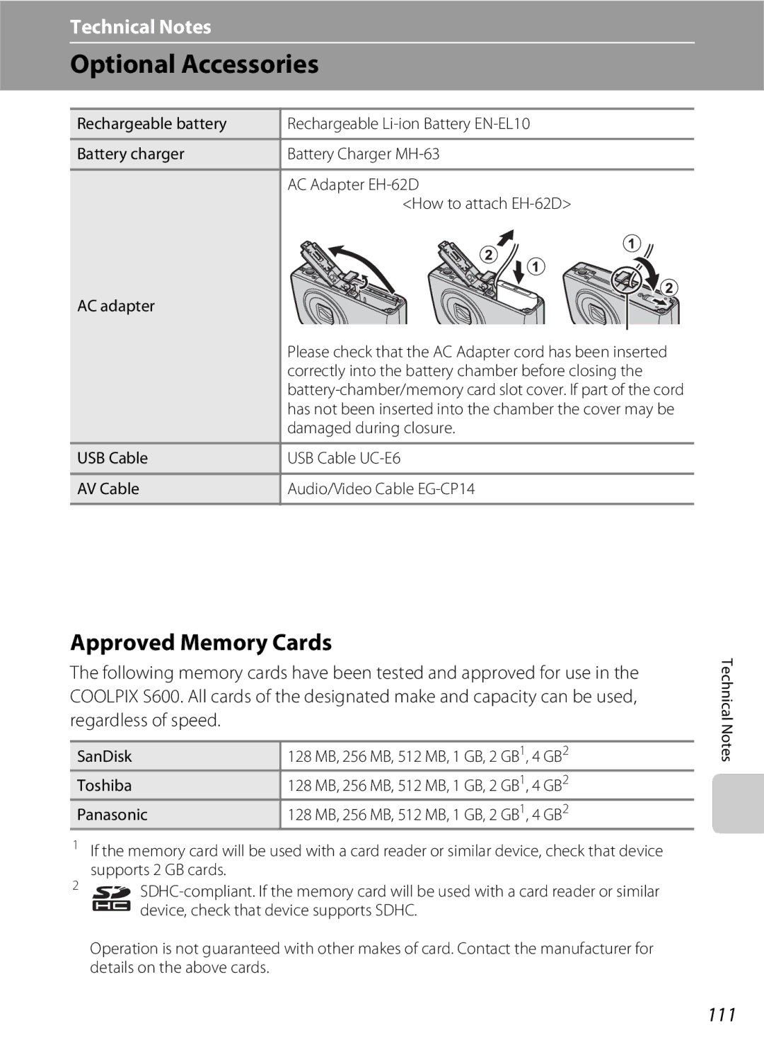 Nikon S600 user manual Optional Accessories, Approved Memory Cards, 111, Damaged during closure 