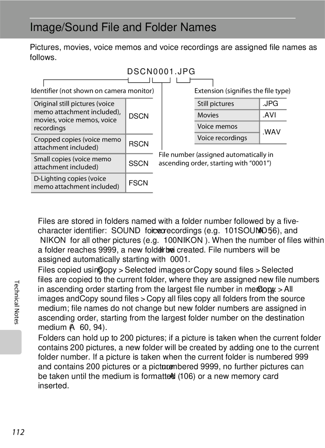 Nikon S600 user manual Image/Sound File and Folder Names, 112 