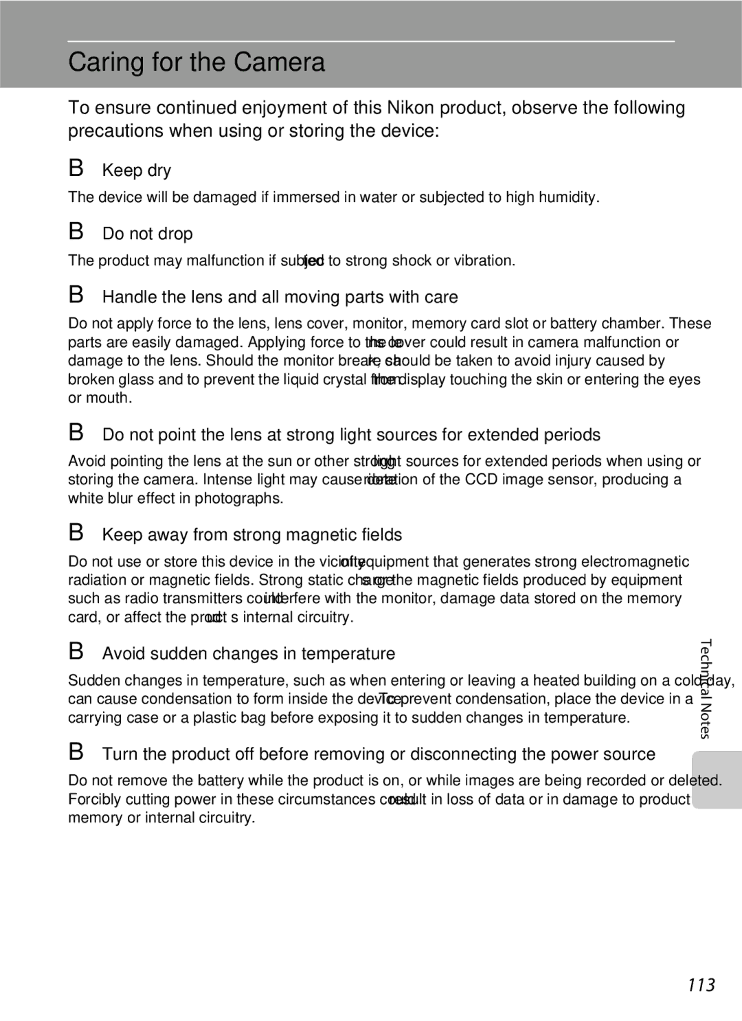 Nikon S600 user manual Caring for the Camera, 113 