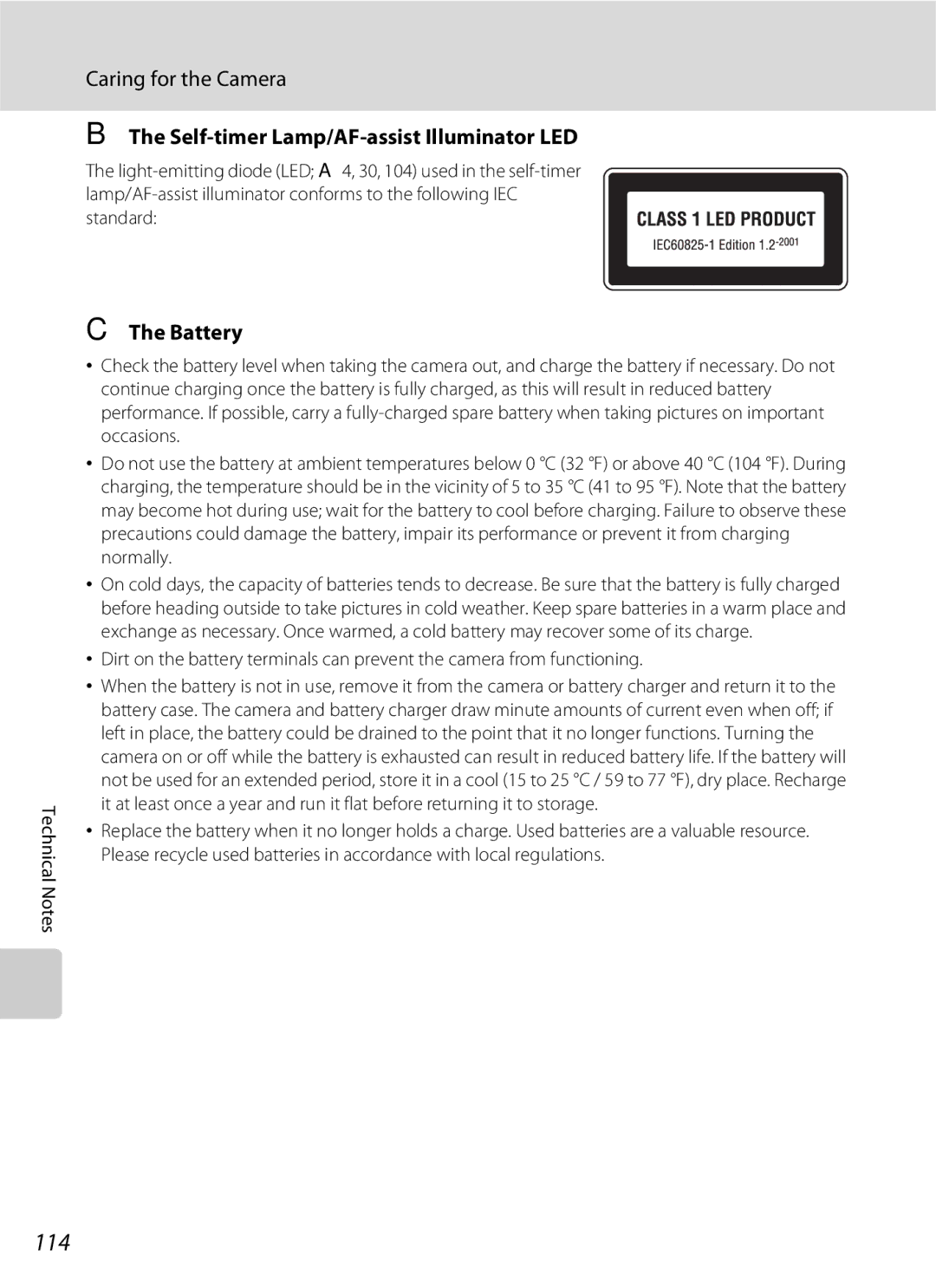 Nikon S600 user manual 114, Caring for the Camera, Self-timer Lamp/AF-assist Illuminator LED, Battery 