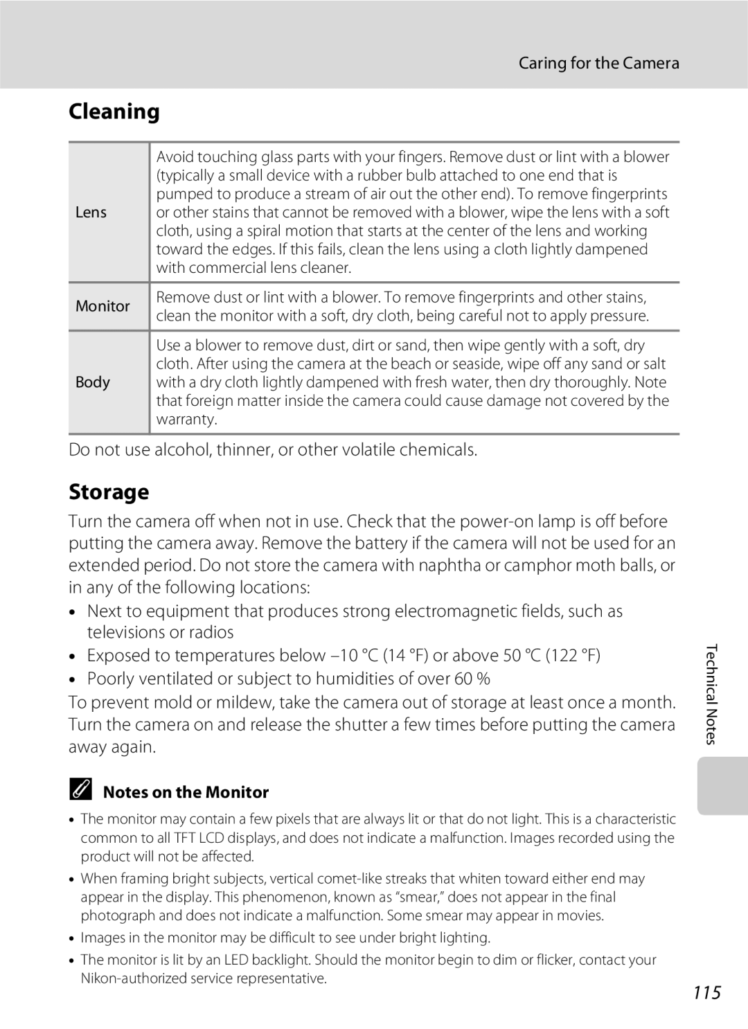 Nikon S600 user manual Cleaning, Storage, 115, Do not use alcohol, thinner, or other volatile chemicals 