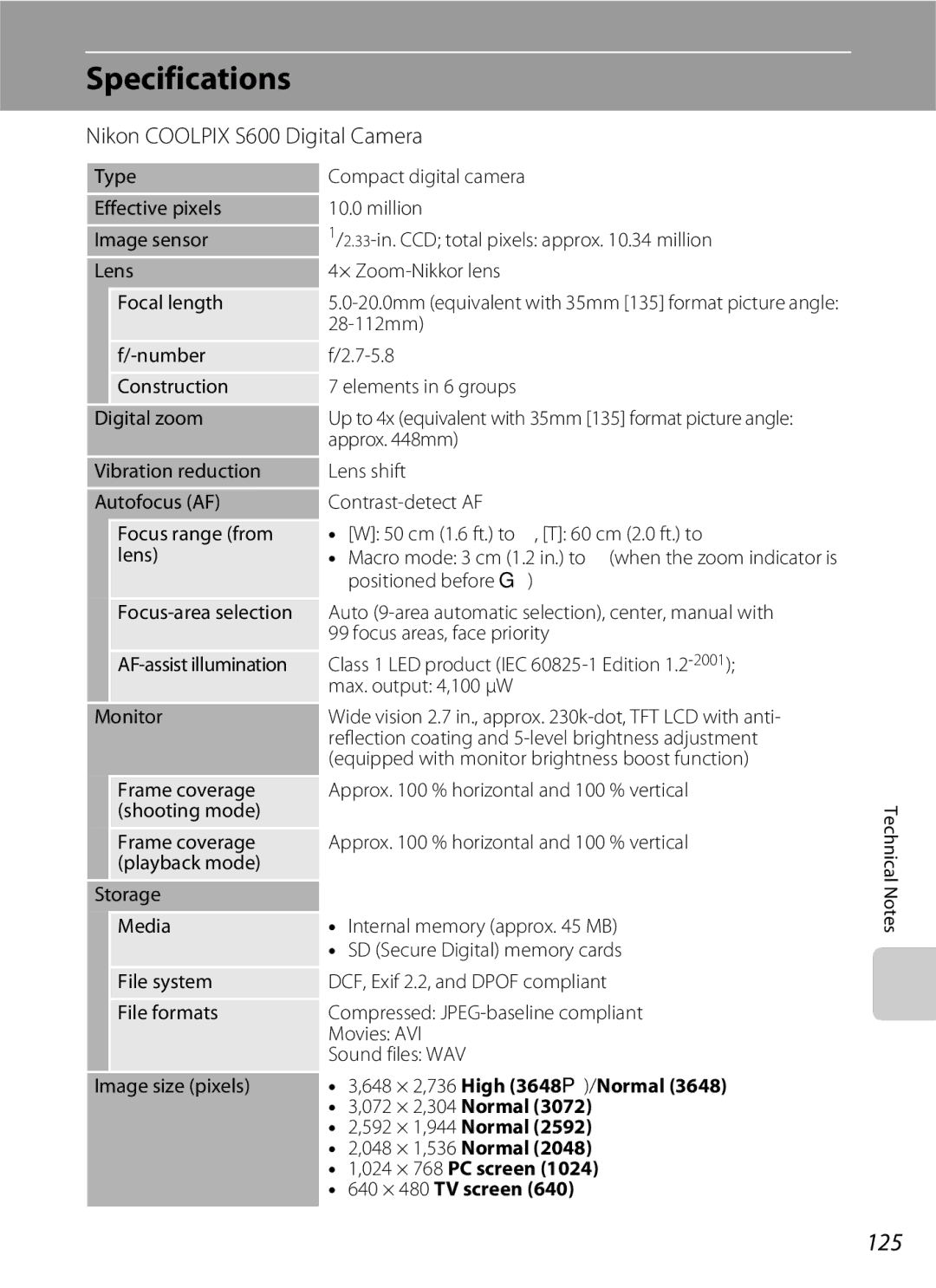 Nikon user manual Specifications, 125, Nikon Coolpix S600 Digital Camera 