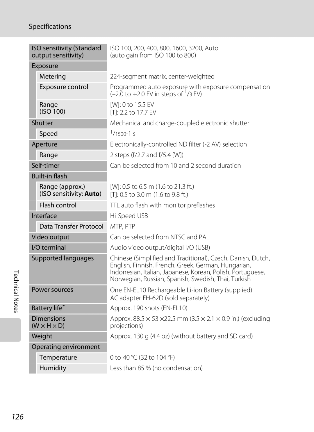 Nikon S600 user manual 126, Specifications 