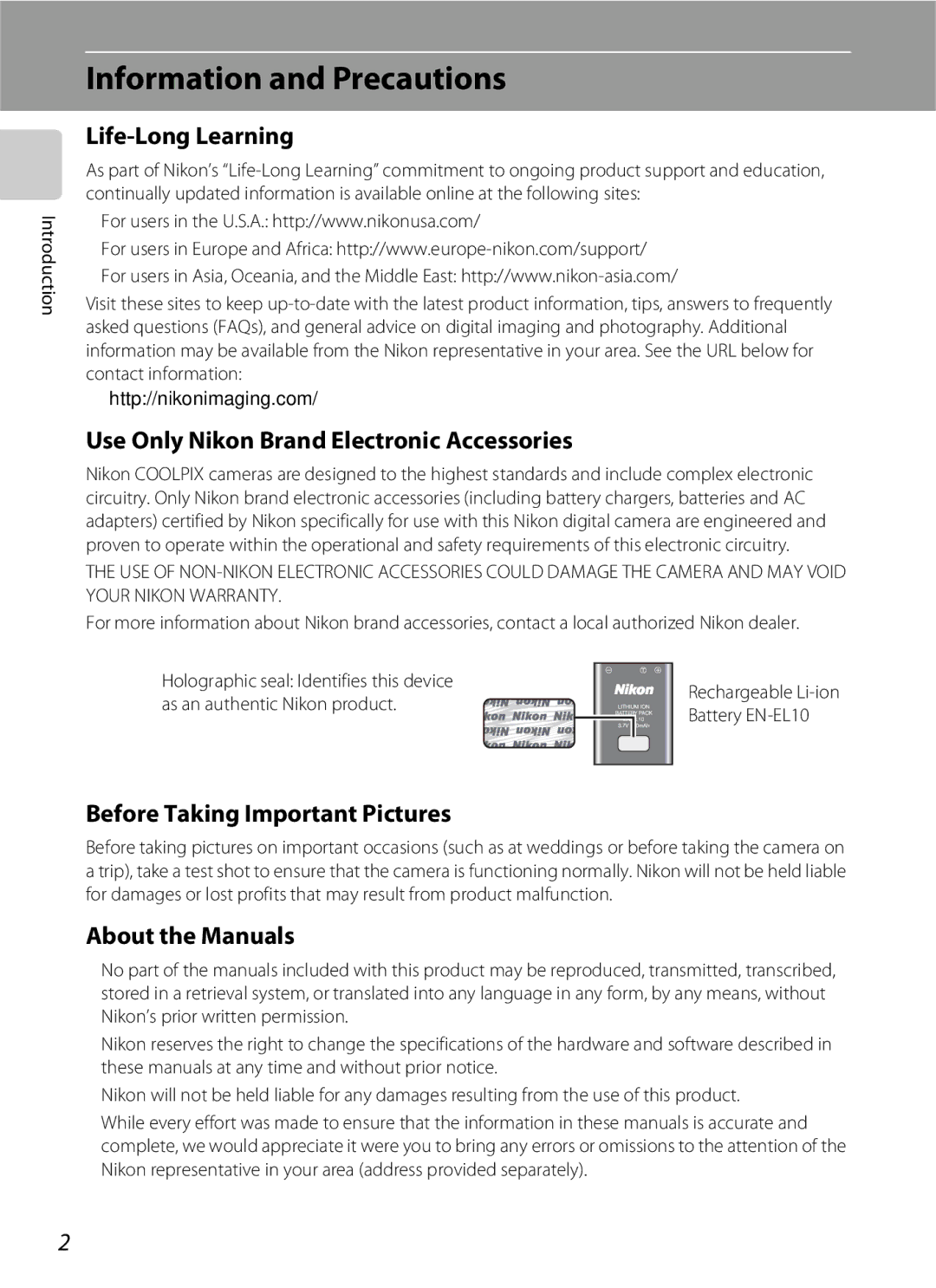 Nikon S600 Information and Precautions, Life-Long Learning, Use Only Nikon Brand Electronic Accessories, About the Manuals 