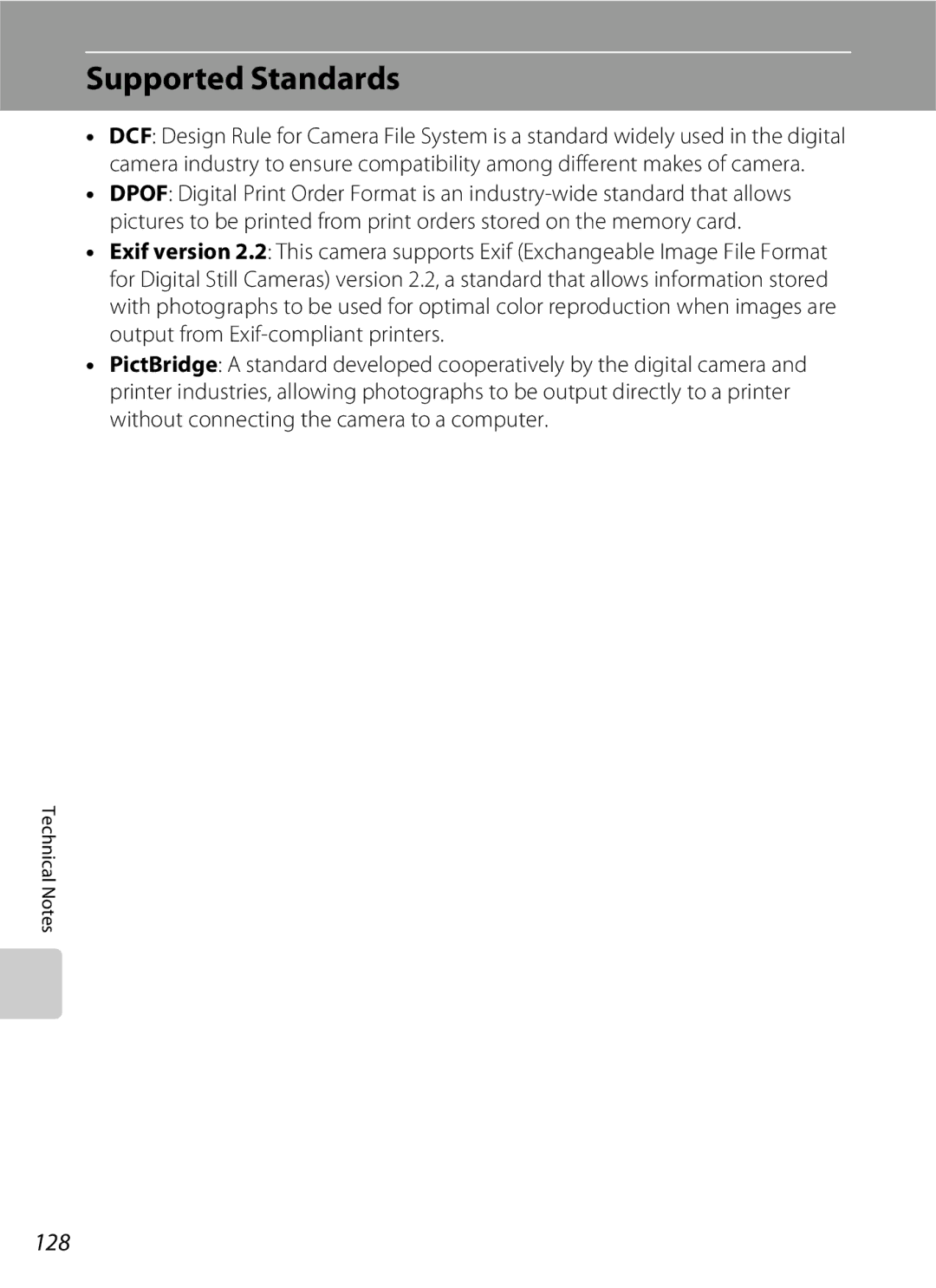 Nikon S600 user manual Supported Standards, 128 