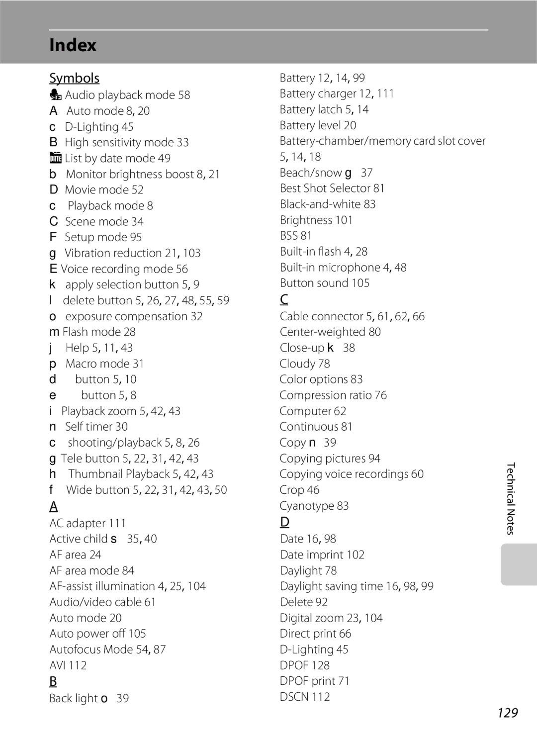 Nikon S600 user manual Index, Symbols, 129 