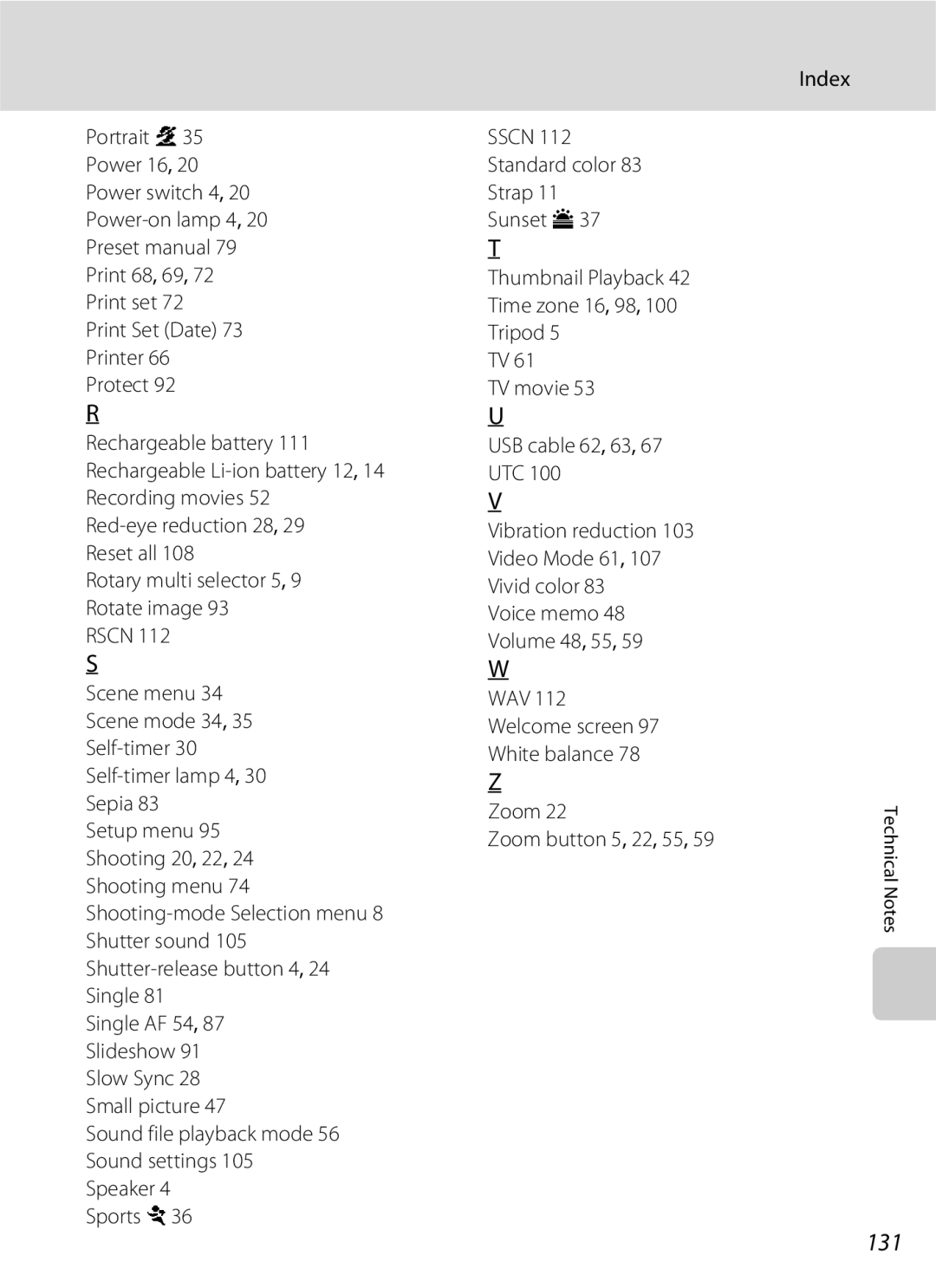 Nikon S600 user manual 131, Zoom Zoom button 5, 22, 55 Index 