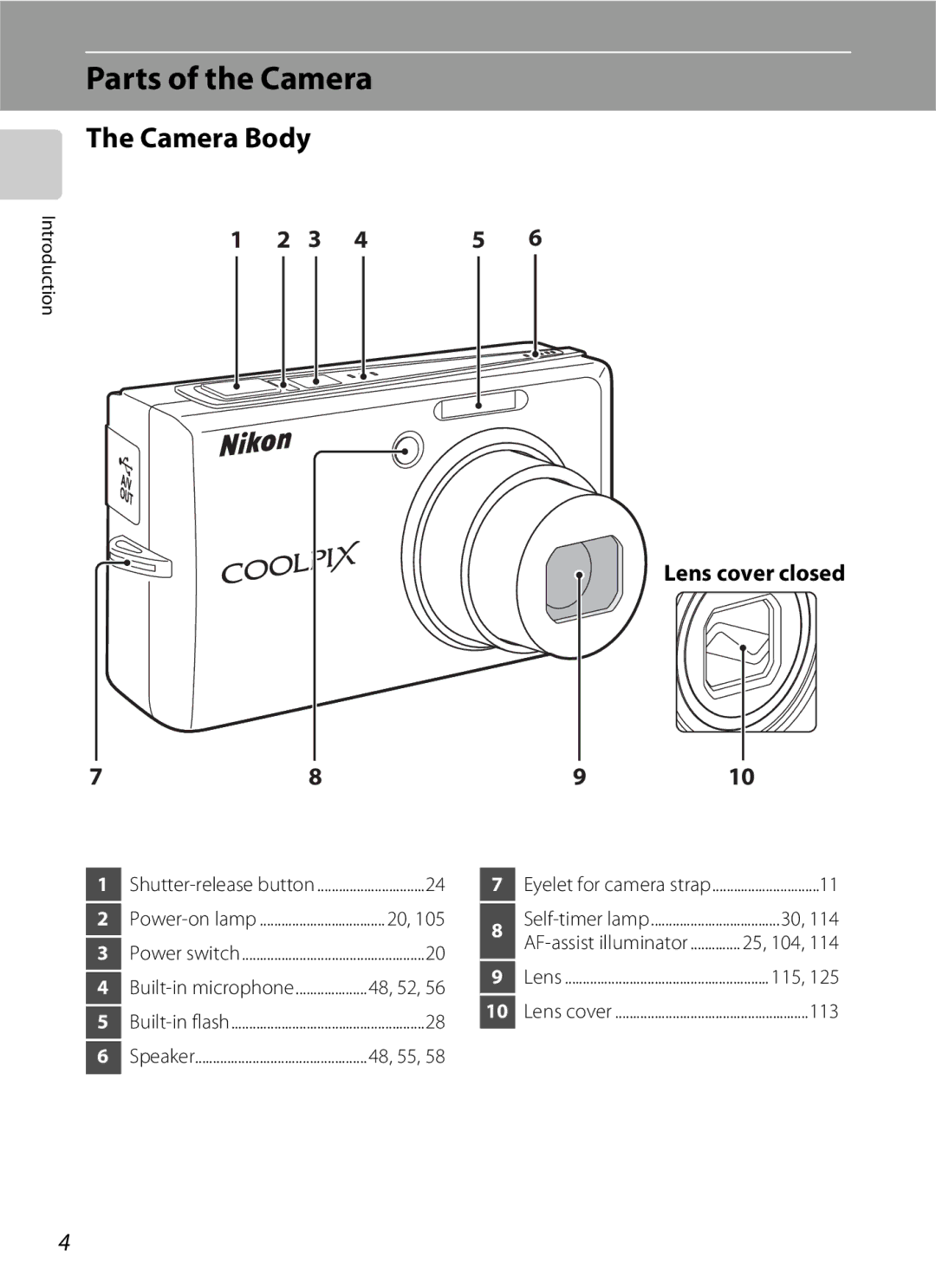 Nikon S600 user manual Parts of the Camera, Camera Body, Lens cover closed 