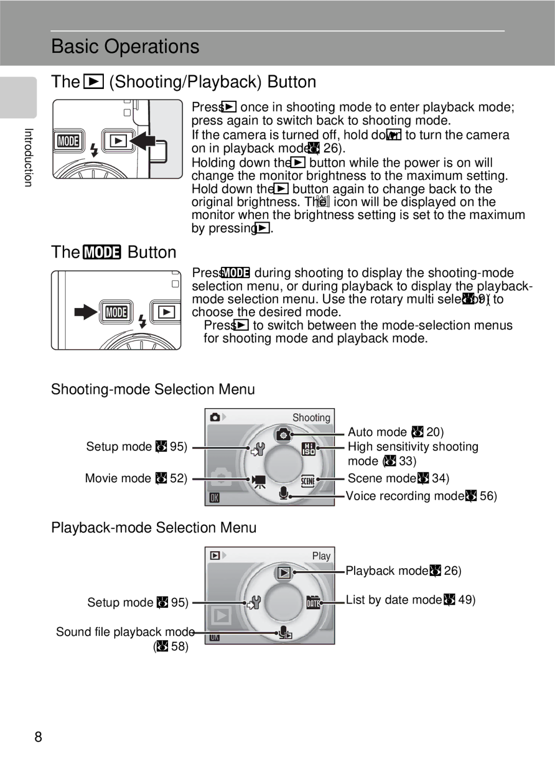 Nikon S600 user manual Basic Operations, CShooting/Playback Button, E Button, Shooting-mode Selection Menu 