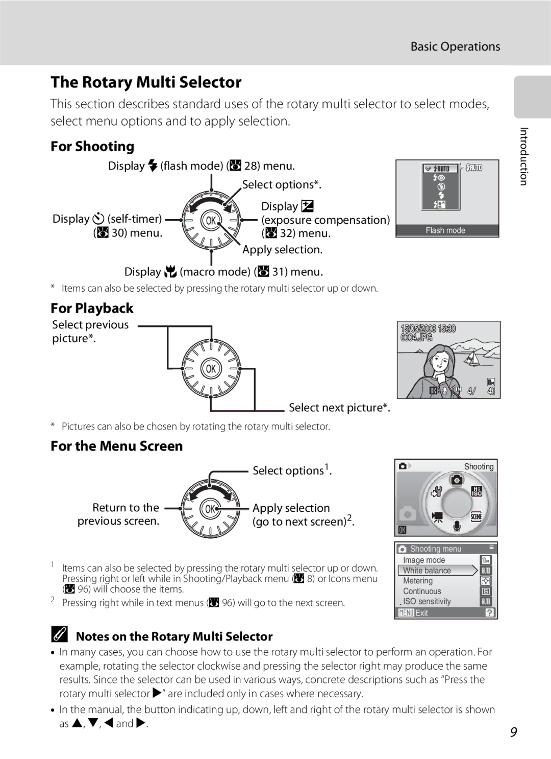 Nikon S600 user manual Rotary Multi Selector, For Playback, For the Menu Screen, Basic Operations 