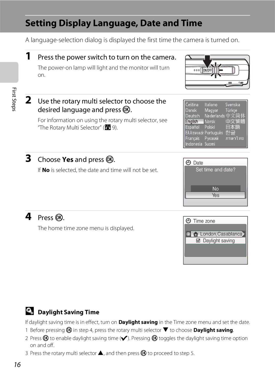 Nikon S600 Setting Display Language, Date and Time, Press the power switch to turn on the camera, Choose Yes and press k 